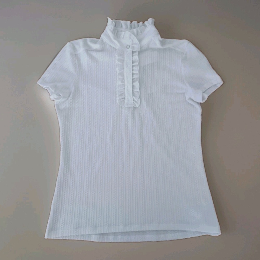 FITS Riding Womens White Ruffle Neck Short Sleeve Equestrian‎ Show Shirt L NEW
